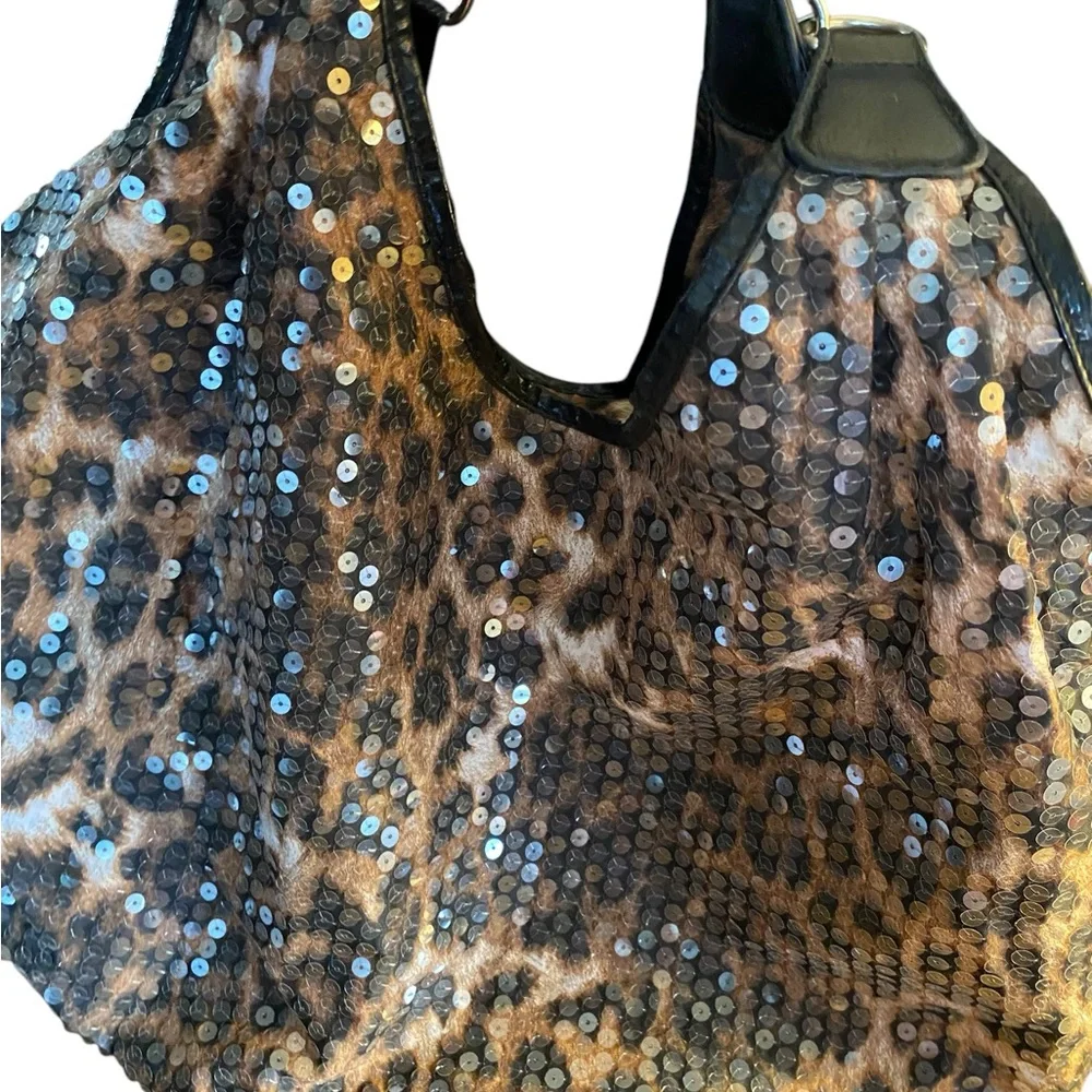 Leopard Print Women's tote XL y2k shoulder bag sequin’s side heavy chain straps - Picture 4 of 12